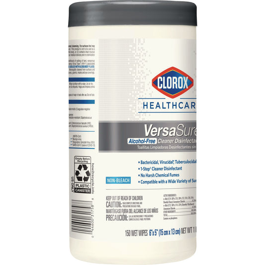 Clorox Healthcare VersaSure Cleaner Disinfectant Wipes, 1-Ply, 6.75 x 8, Fragranced, White, 150 Towels/Canister (31758EA)