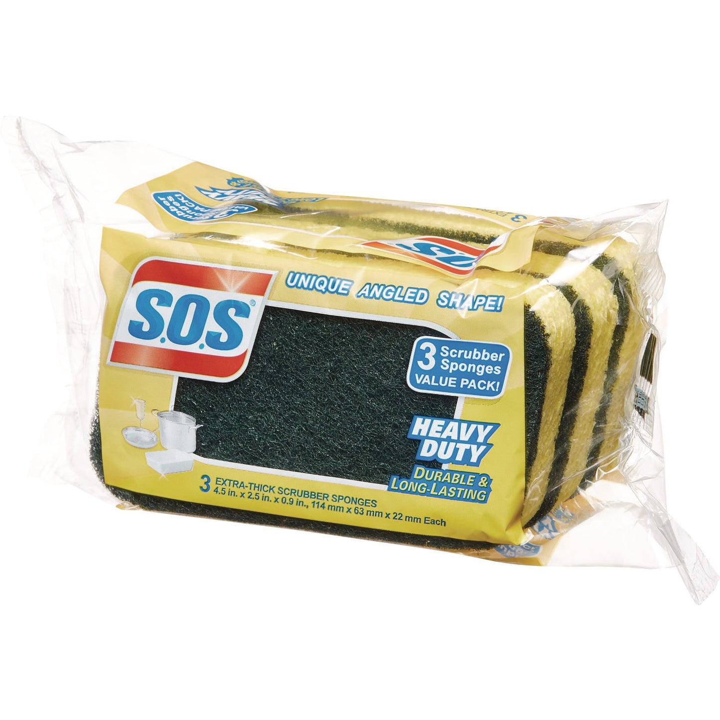 S.O.S. Heavy Duty Scrubber Sponge, 2.5 x 4.5, 0.9" Thick, Yellow/Green, 3/Pack, 8 Packs/Carton (91029CT)
