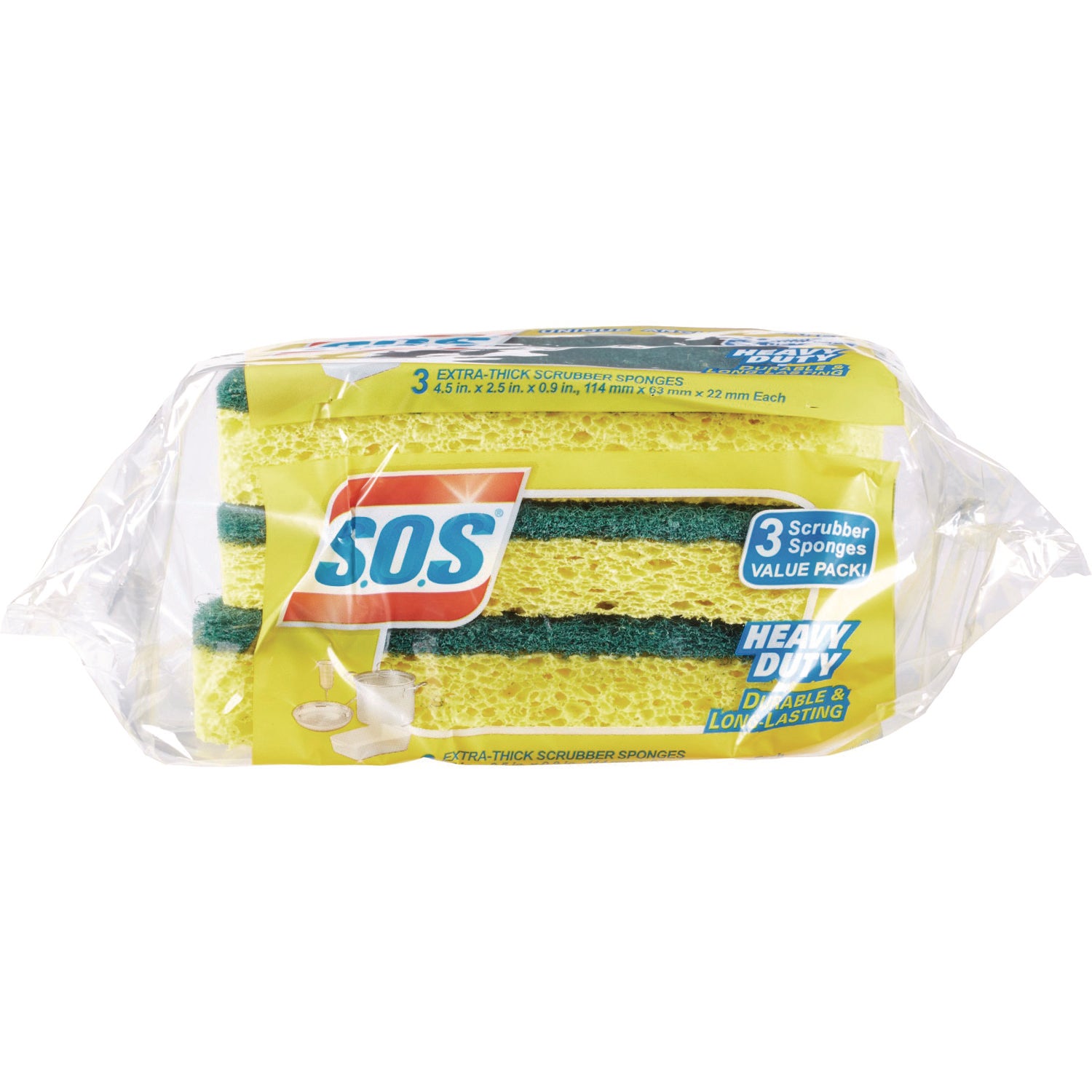S.O.S. Heavy Duty Scrubber Sponge, 2.5 x 4.5, 0.9" Thick, Yellow/Green, 3/Pack, 8 Packs/Carton (91029CT)