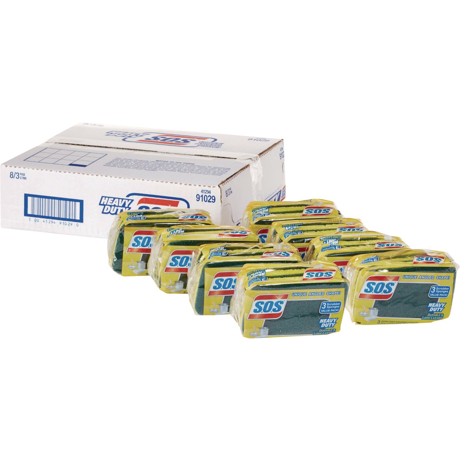 S.O.S. Heavy Duty Scrubber Sponge, 2.5 x 4.5, 0.9" Thick, Yellow/Green, 3/Pack, 8 Packs/Carton (91029CT)