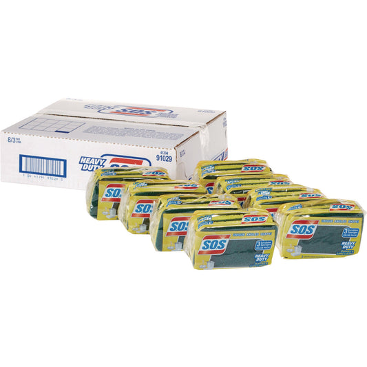 S.O.S. Heavy Duty Scrubber Sponge, 2.5 x 4.5, 0.9" Thick, Yellow/Green, 3/Pack, 8 Packs/Carton (91029CT)