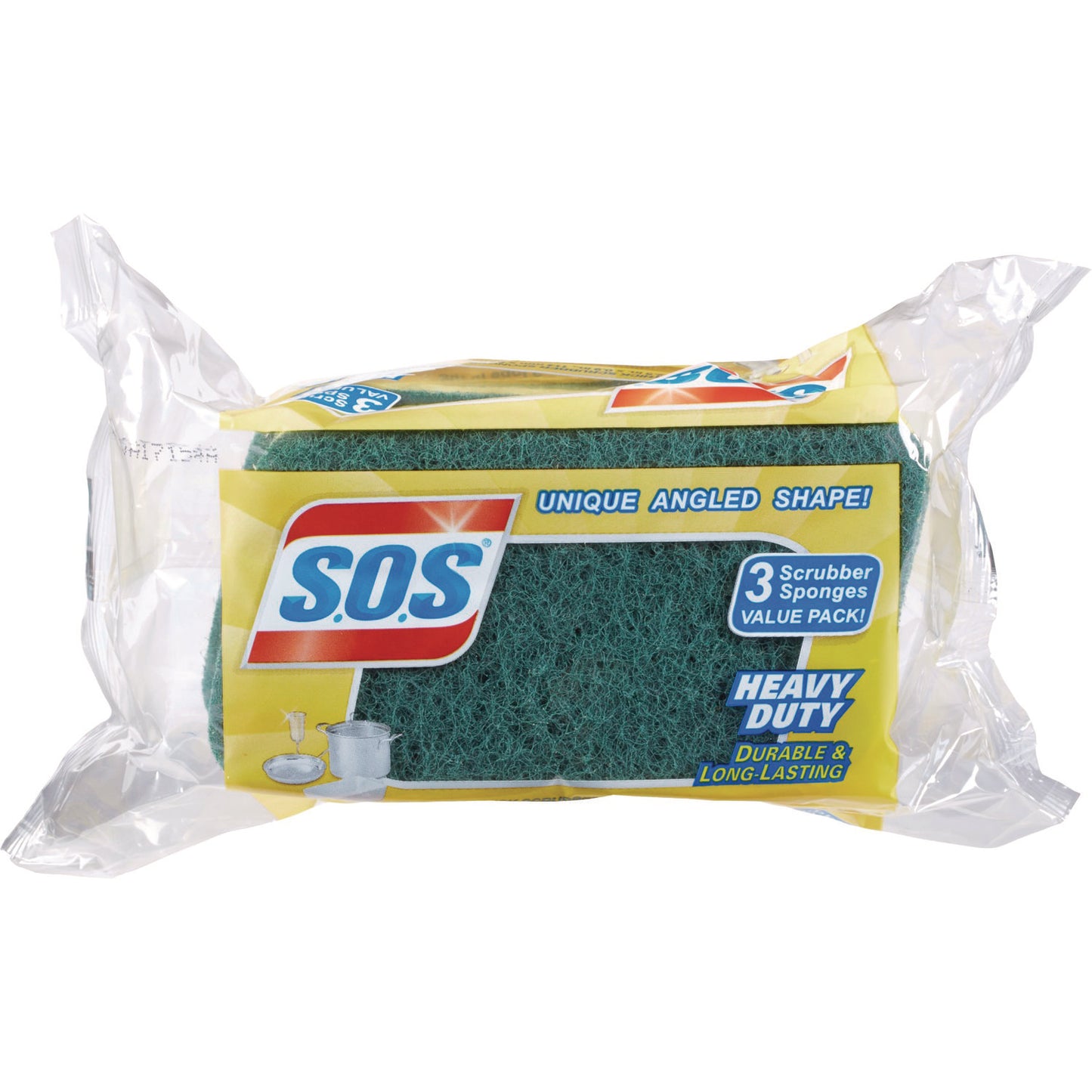 S.O.S. Heavy Duty Scrubber Sponge, 2.5 x 4.5, 0.9" Thick, Yellow/Green, 3/Pack, 8 Packs/Carton (91029CT)