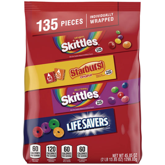 Mars Skittles, Starburst and Life Savers Fun Size Fruity Candy Assortment, 45.85 oz Bag, 135 Pieces, Individually Wrapped (29689)