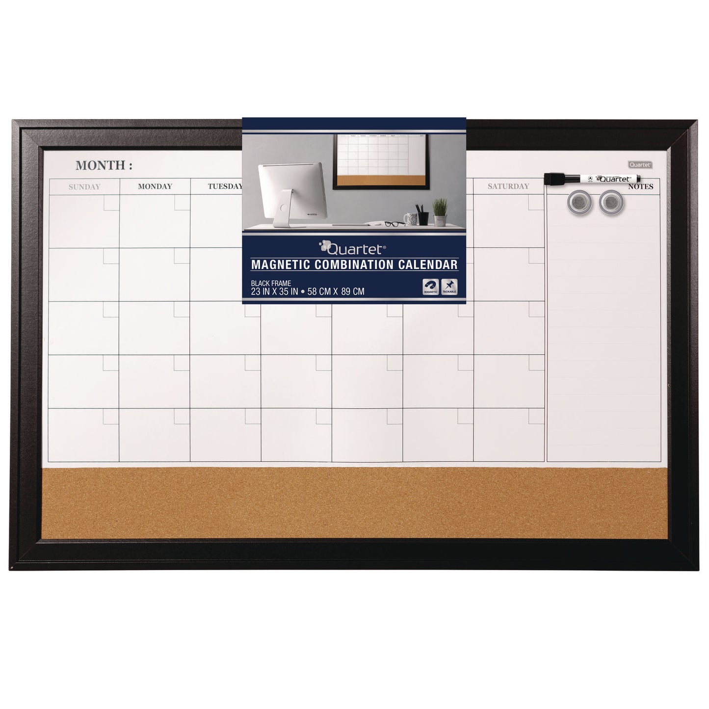 Quartet Magnetic Combination Dry Erase Calendar/Cork Board, 35 x 23, Tan/White Surface, Black Wood Frame (79284)