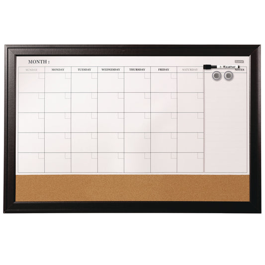 Quartet Magnetic Combination Dry Erase Calendar/Cork Board, 35 x 23, Tan/White Surface, Black Wood Frame (79284)