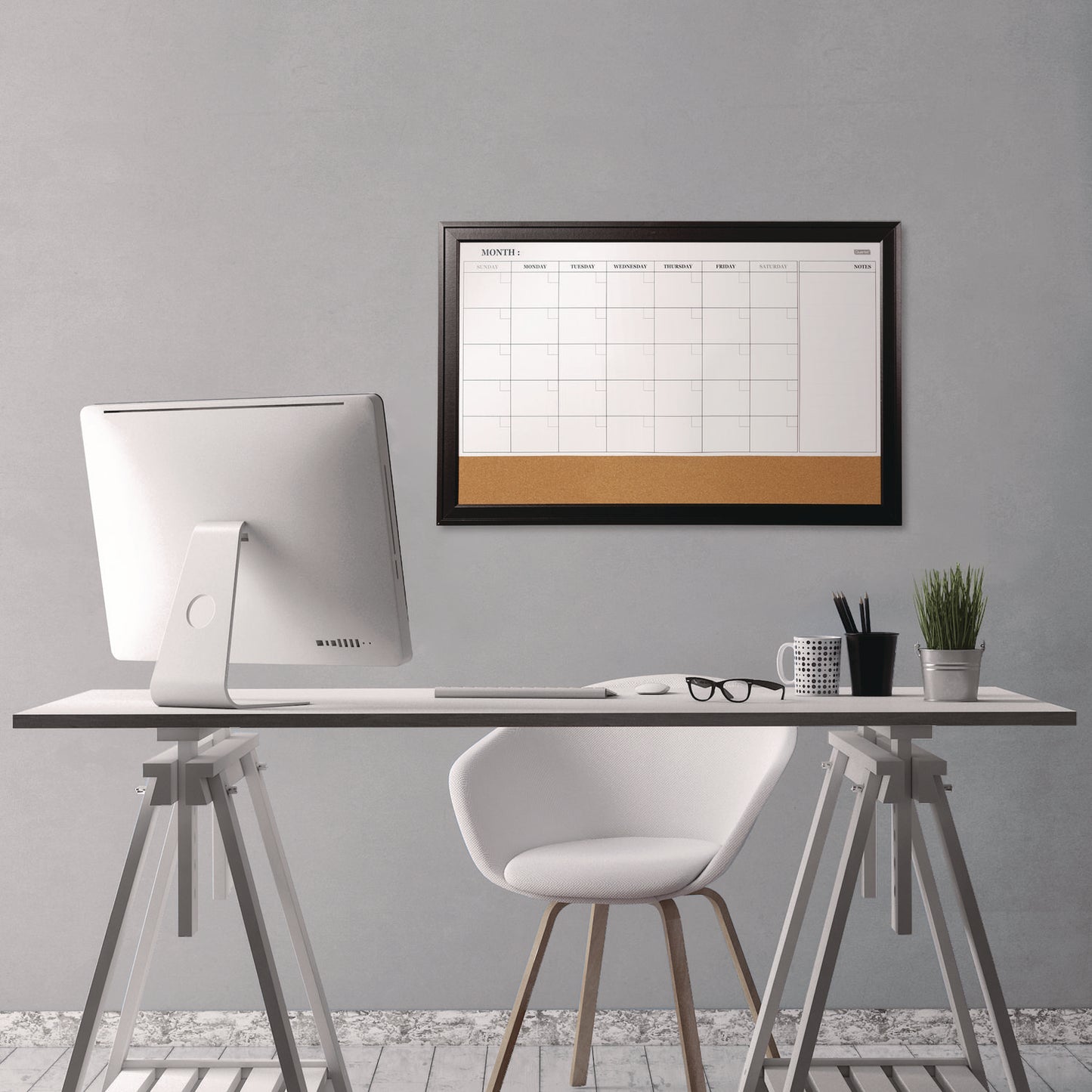 Quartet Magnetic Combination Dry Erase Calendar/Cork Board, 35 x 23, Tan/White Surface, Black Wood Frame (79284)