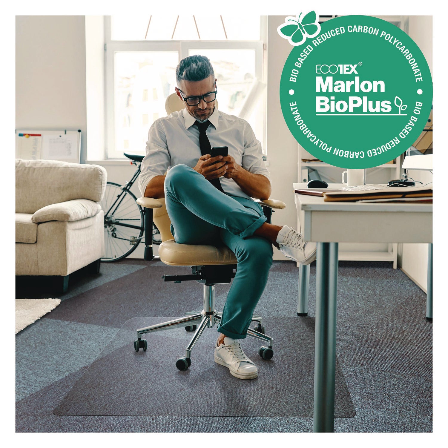 Floortex Ecotex Marlon BioPlus Rectangular Polycarbonate Chair Mat for Low/Medium Pile Carpets, Rectangular, 45" w  x 53" l, Clear (NRCMFLBG0003)