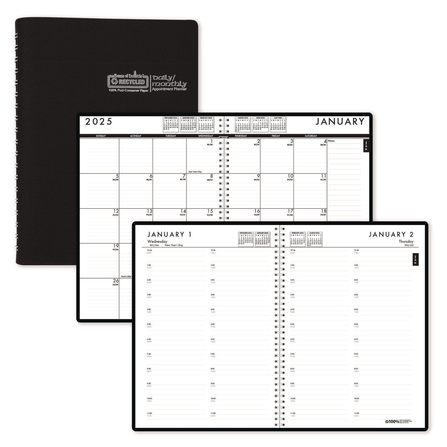 House of Doolittle 24/7 Recycled Daily Appointment Book/Monthly Planner, 10 x 7, Black Cover, 12-Month (Jan to Dec): 2025 (289632)