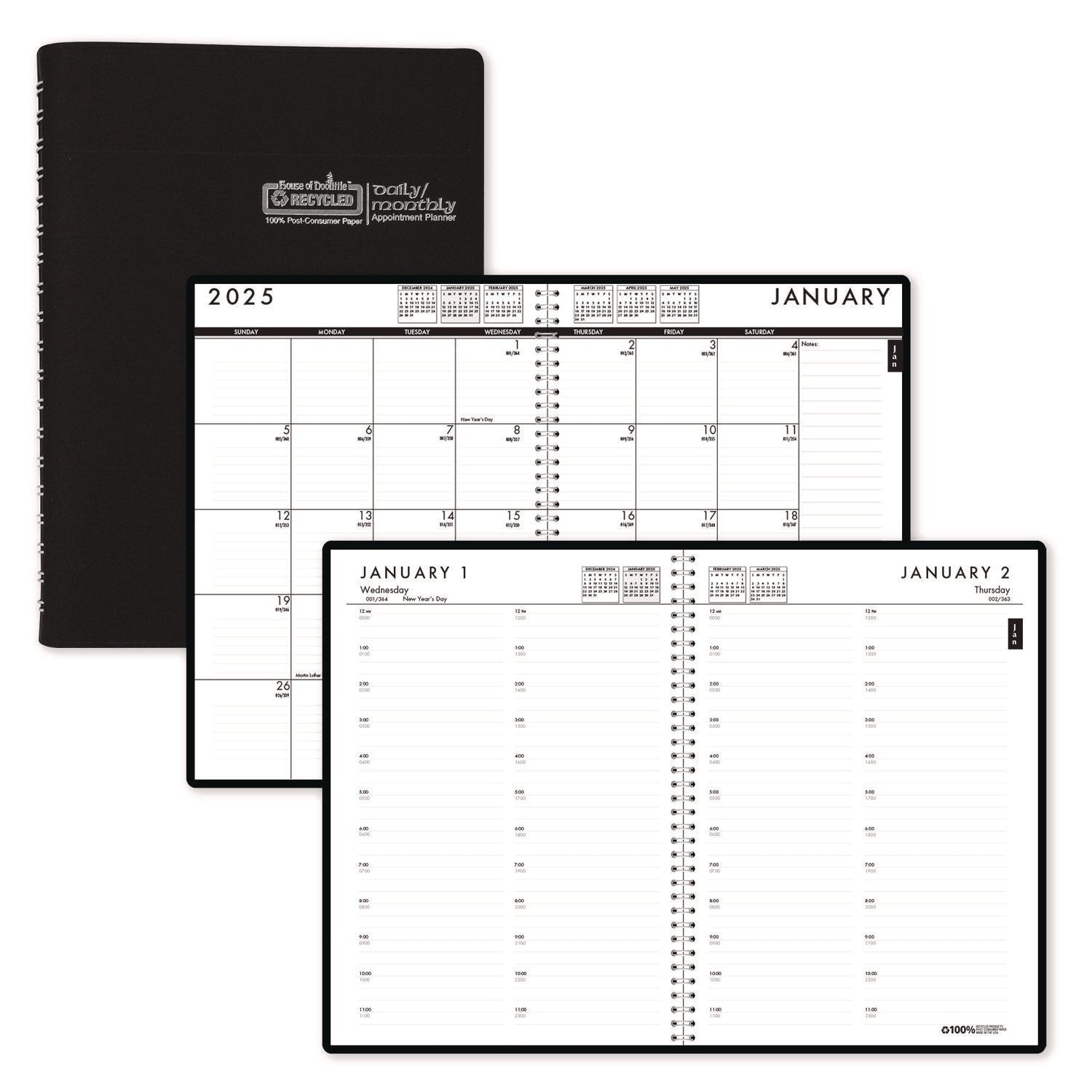 House of Doolittle 24/7 Recycled Daily Appointment Book/Monthly Planner, 10 x 7, Black Cover, 12-Month (Jan to Dec): 2025 (289632)