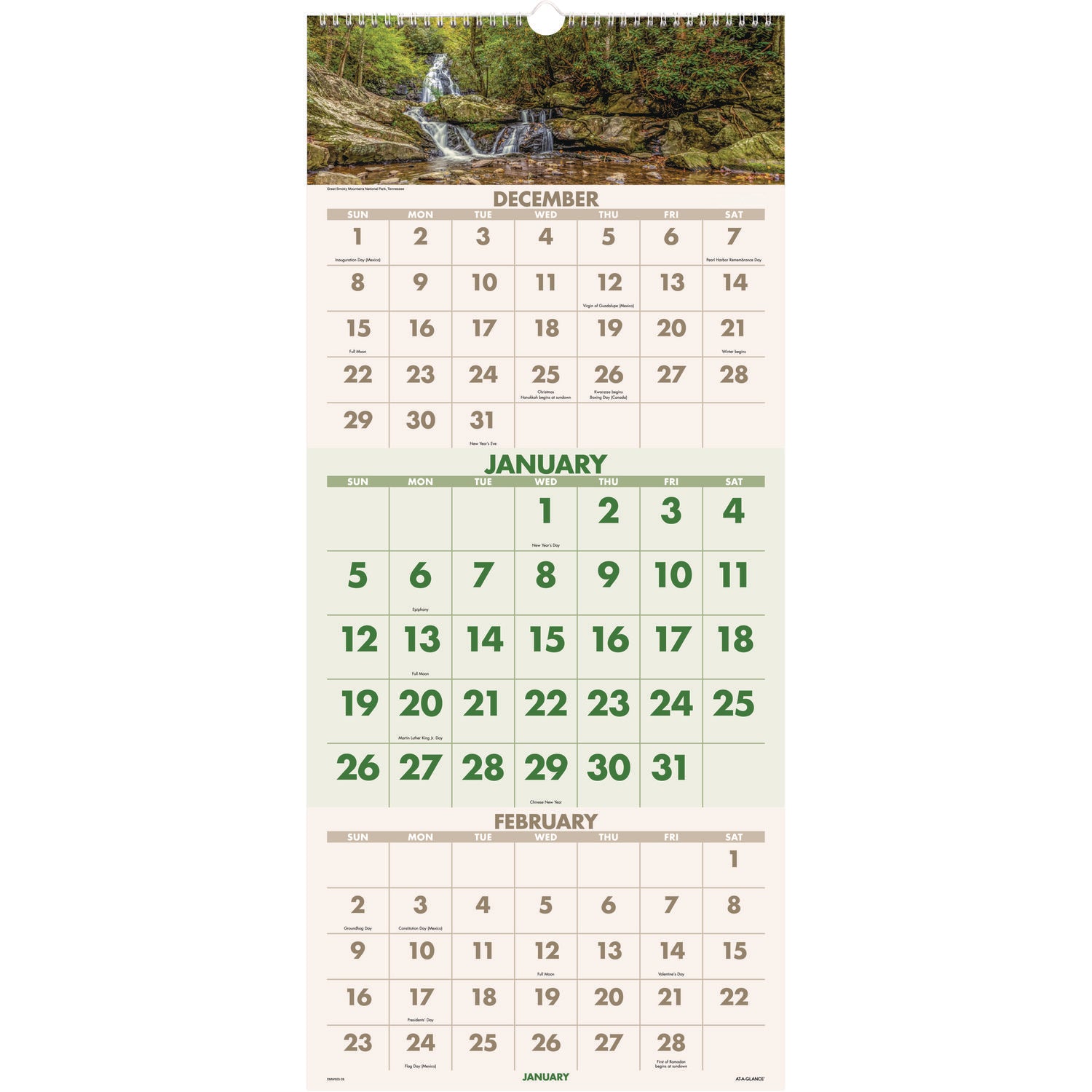 AT-A-GLANCE Scenic Three-Month Wall Calendar, Landscape Photography, 12 x 27, White Sheets, 14-Month: Dec 2024 to Jan 2026 (DMW50328)