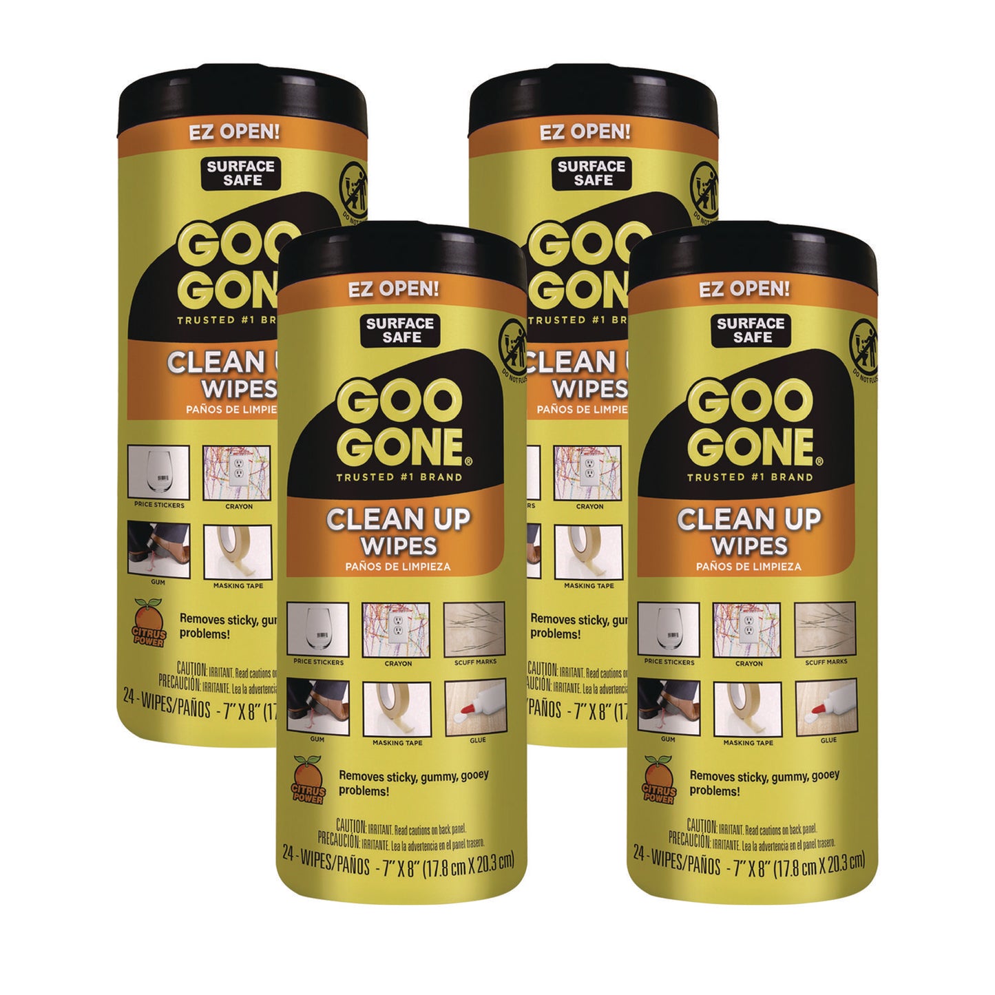 Goo Gone Clean Up Wipes, 1-Ply, 8 x 7, Citrus Scent, White, 24/Canister, 4 Canisters/Carton (2000)