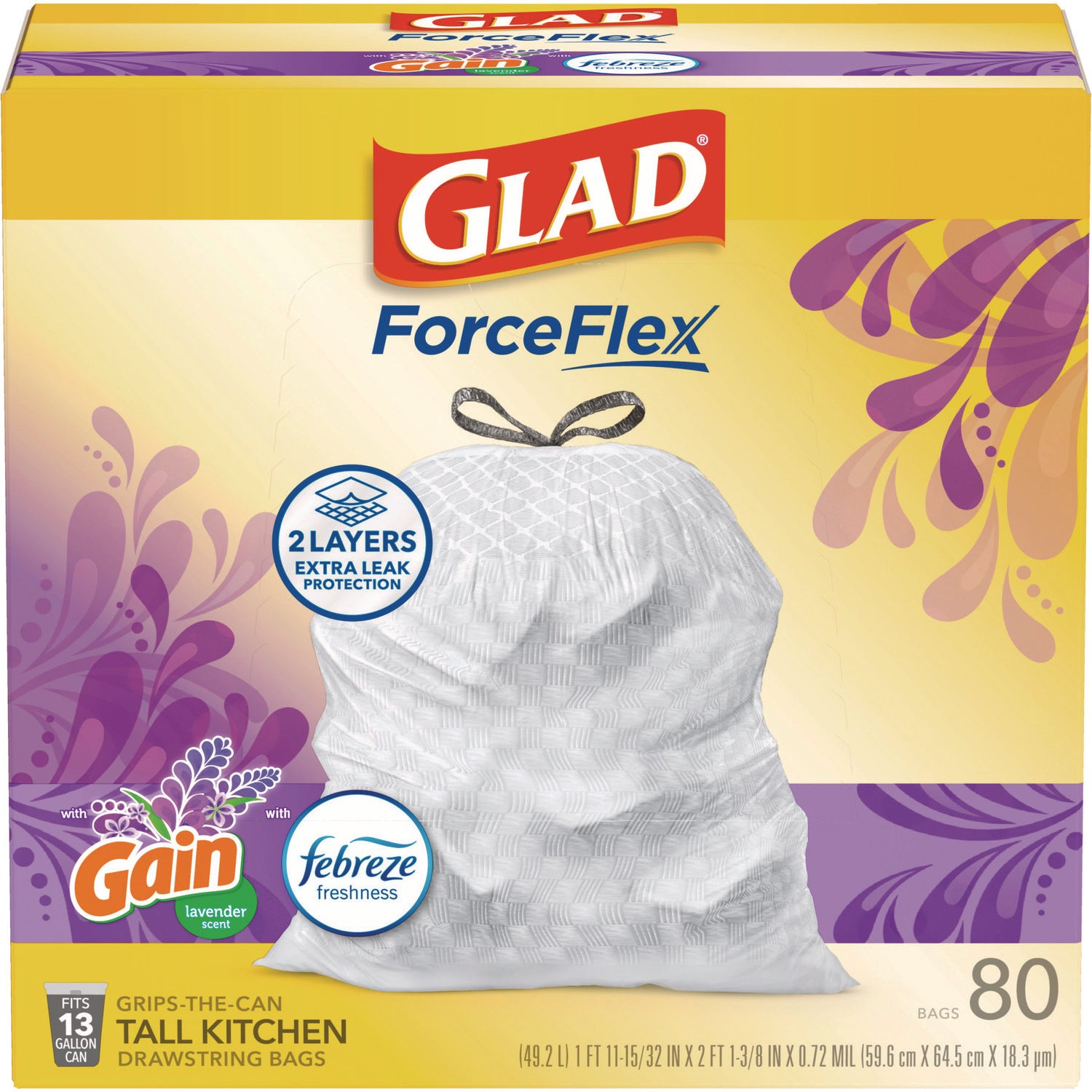 Glad ForceFlex Kitchen Drawstring Trash Bags, 13 gal, Lavender Breeze Scent, 24" x 27.38", White, 80/Box (78902BX)