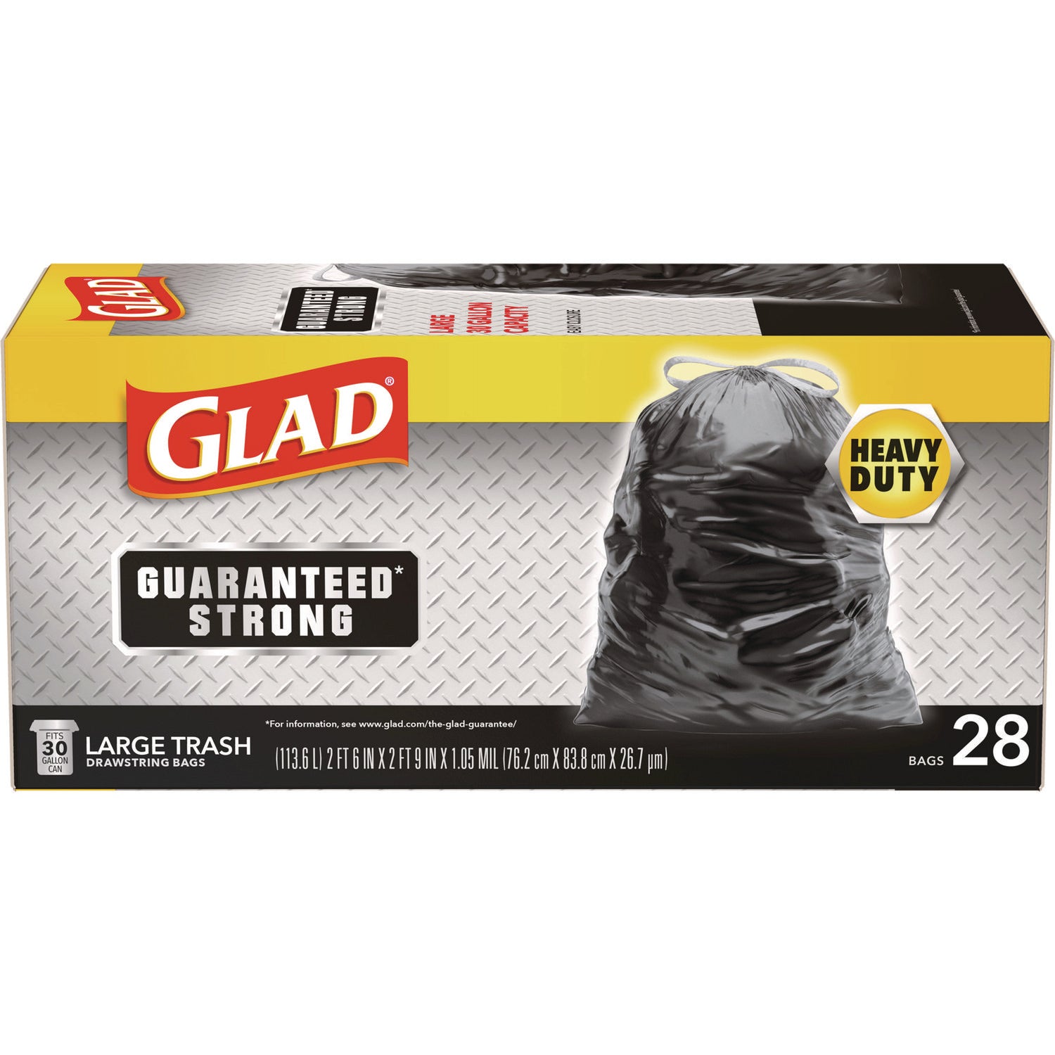 Glad Guaranteed Strong Large Drawstring Trash Bags, Three-Ply, 30 gal, 1.05 mil, 30" x 33", Black, 15/Box (78966BX)