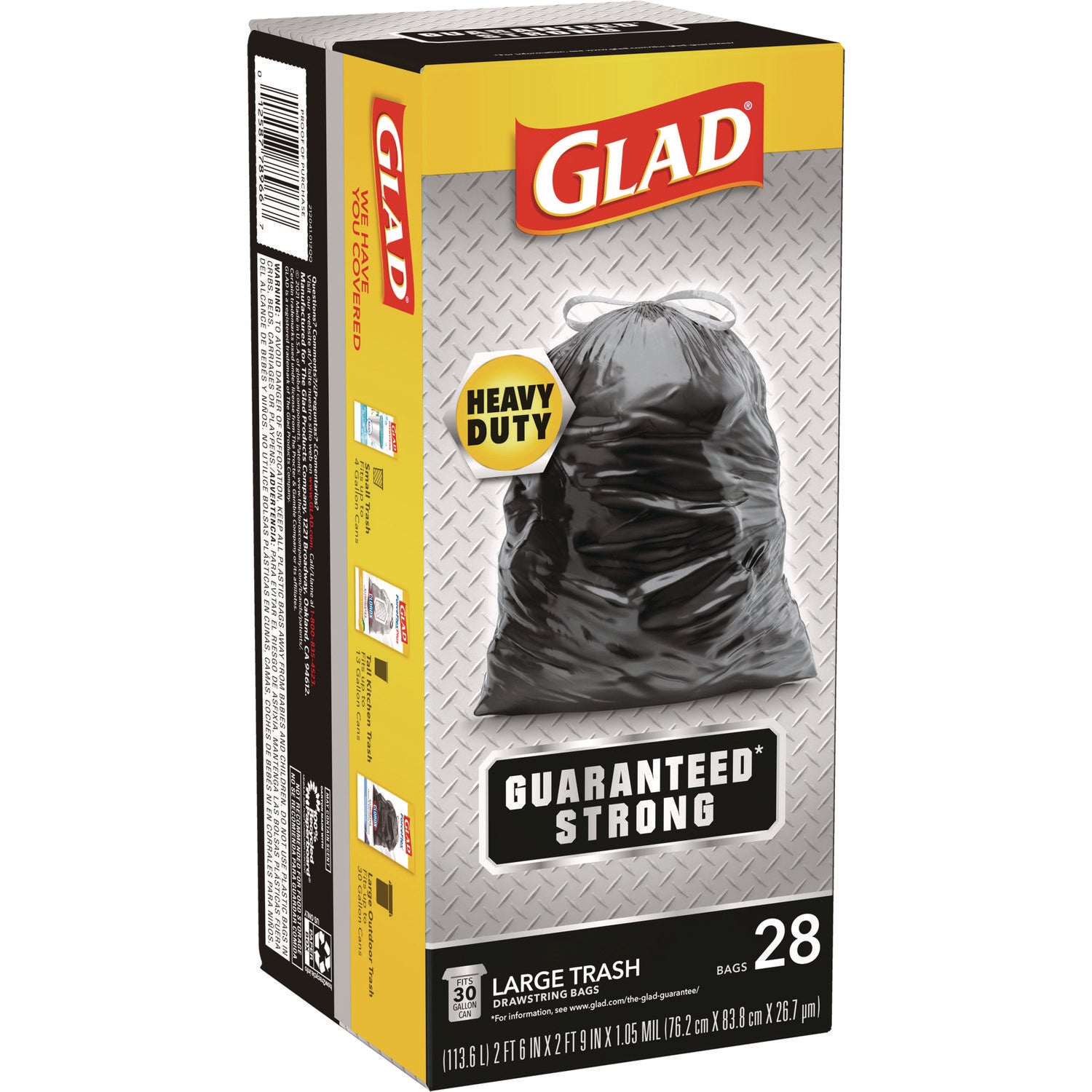 Glad Guaranteed Strong Large Drawstring Trash Bags, Three-Ply, 30 gal, 1.05 mil, 30" x 33", Black, 15/Box (78966BX)