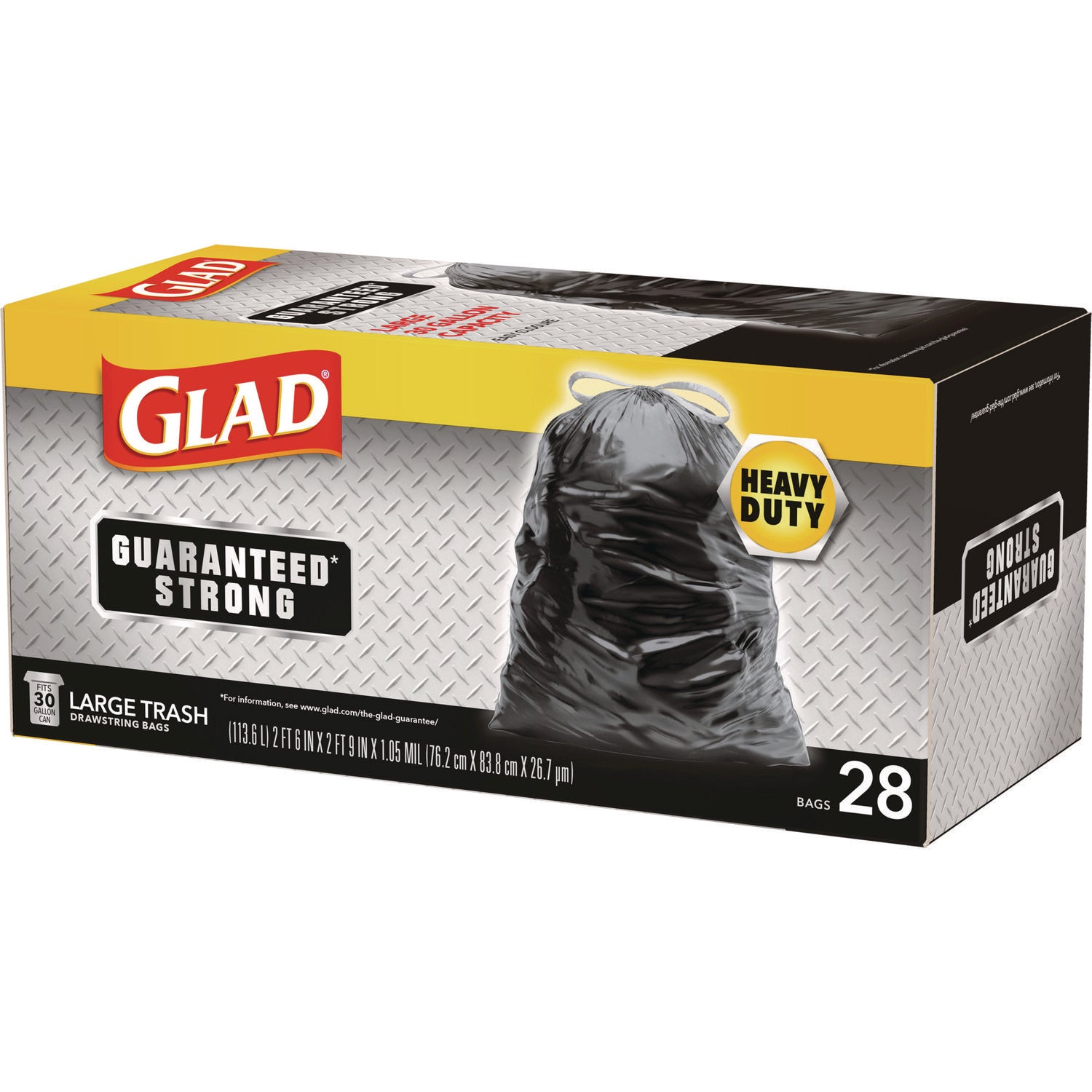 Glad Guaranteed Strong Large Drawstring Trash Bags, Three-Ply, 30 gal, 1.05 mil, 30" x 33", Black, 15/Box (78966BX)