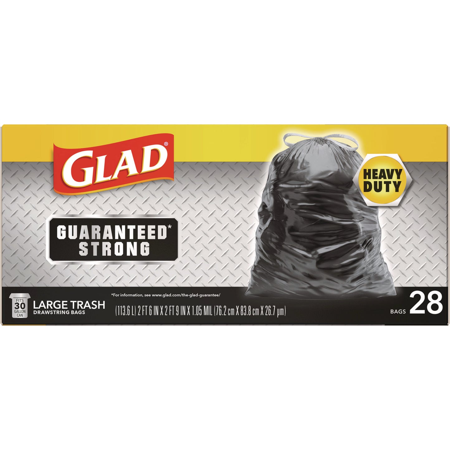 Glad Guaranteed Strong Large Drawstring Trash Bags, Three-Ply, 30 gal, 1.05 mil, 30" x 33", Black, 15/Box (78966BX)