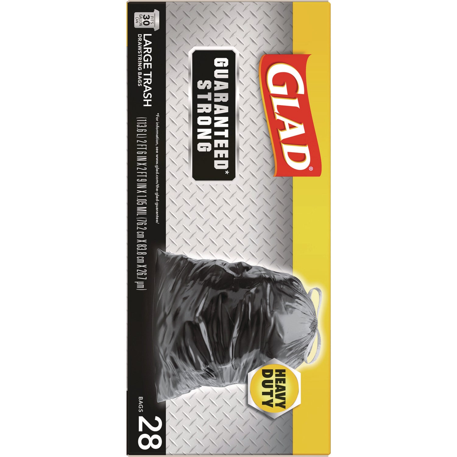 Glad Guaranteed Strong Large Drawstring Trash Bags, Three-Ply, 30 gal, 1.05 mil, 30" x 33", Black, 15/Box (78966BX)