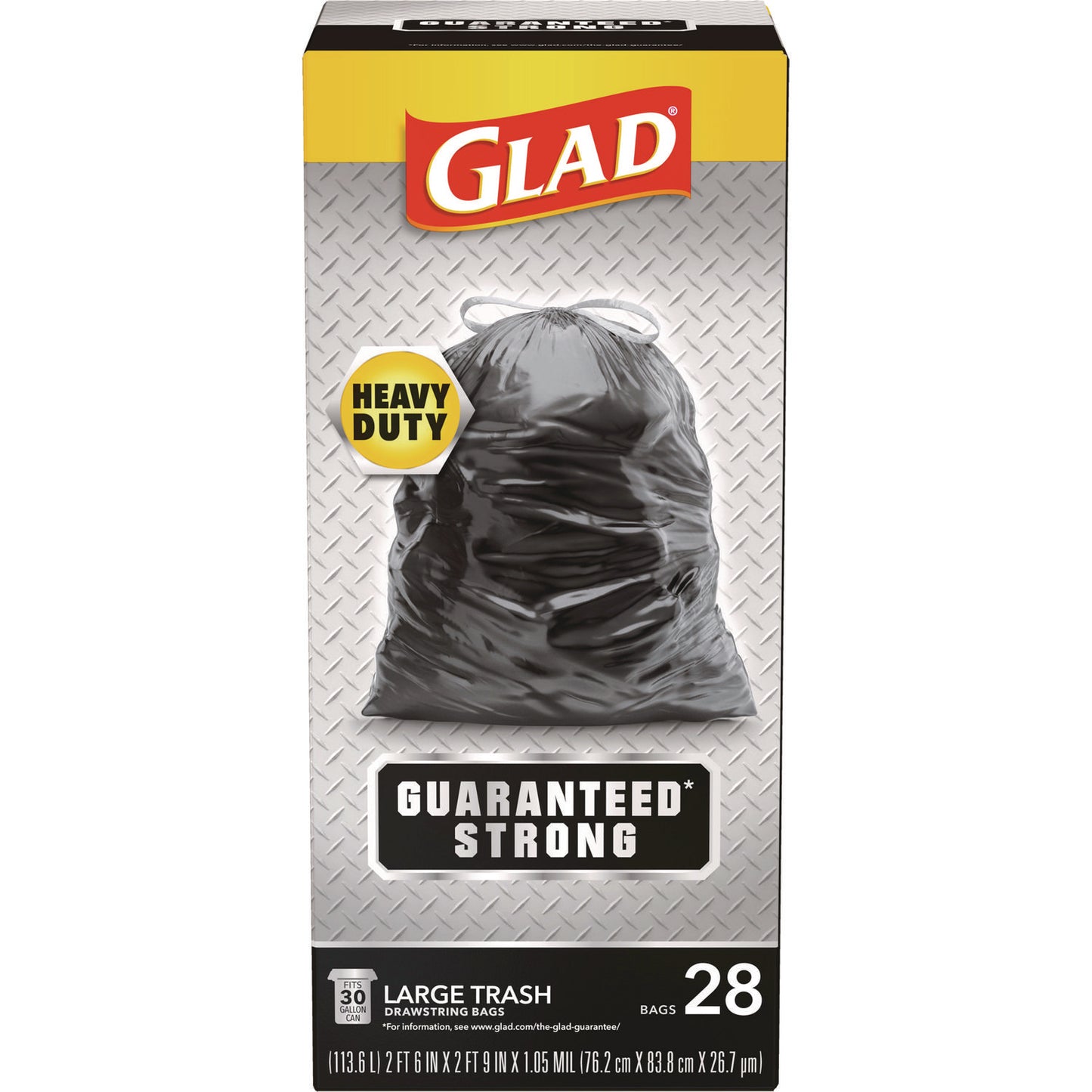 Glad Guaranteed Strong Large Drawstring Trash Bags, Three-Ply, 30 gal, 1.05 mil, 30" x 33", Black, 15/Box (78966BX)