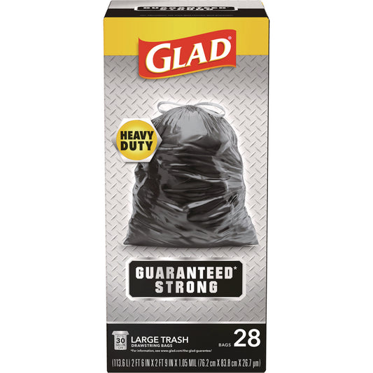 Glad Guaranteed Strong Large Drawstring Trash Bags, Three-Ply, 30 gal, 1.05 mil, 30" x 33", Black, 15/Box (78966BX)