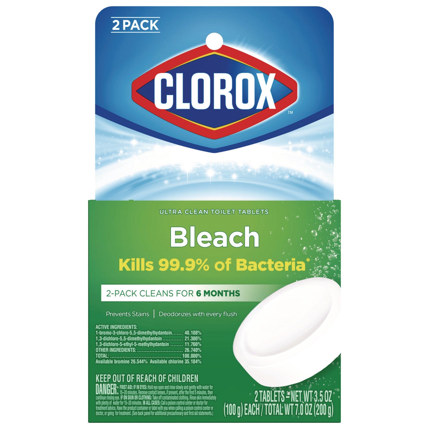 Clorox Ultra Clean Toilet Tablets Bleach, 3.5 oz Tablet, 2/Pack (30024PK)