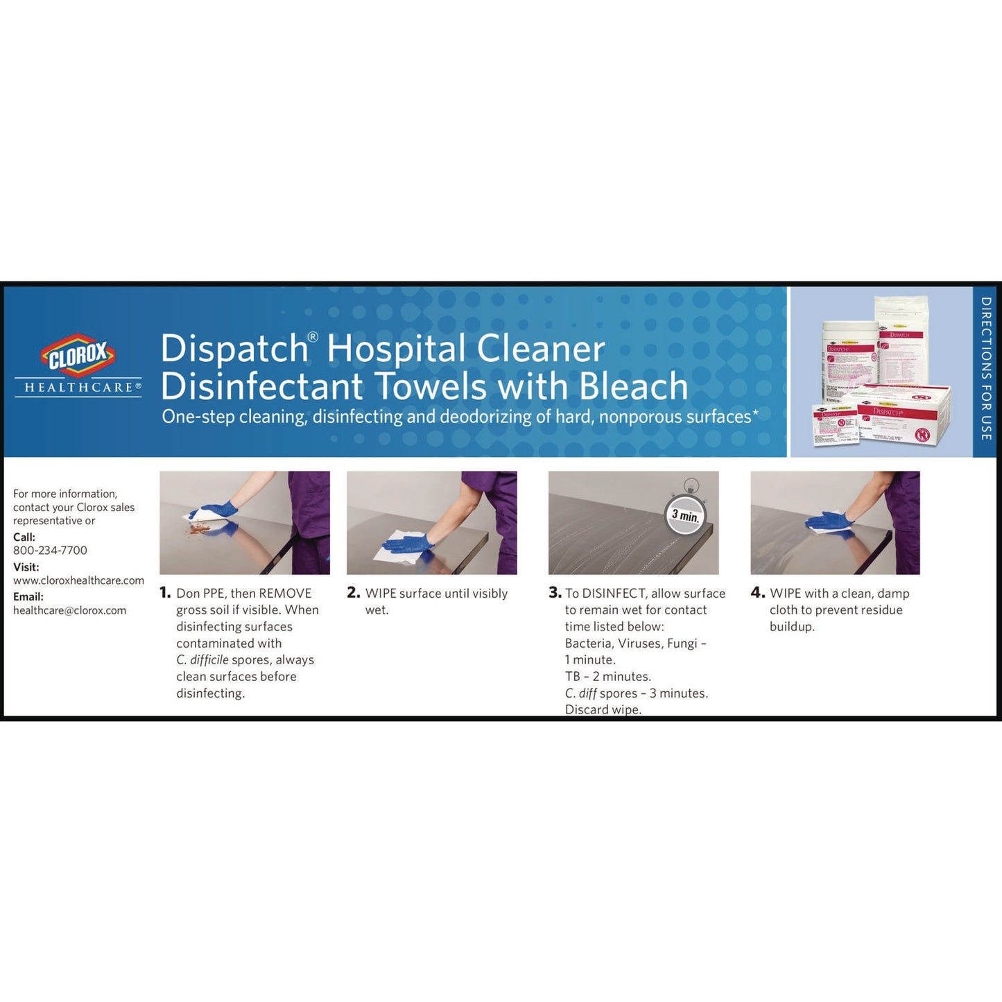 Clorox Healthcare Dispatch Cleaner Disinfectant Towels, 1-Ply, 6.75 x 8, Unscented, White, 150/Canister (69150EA)