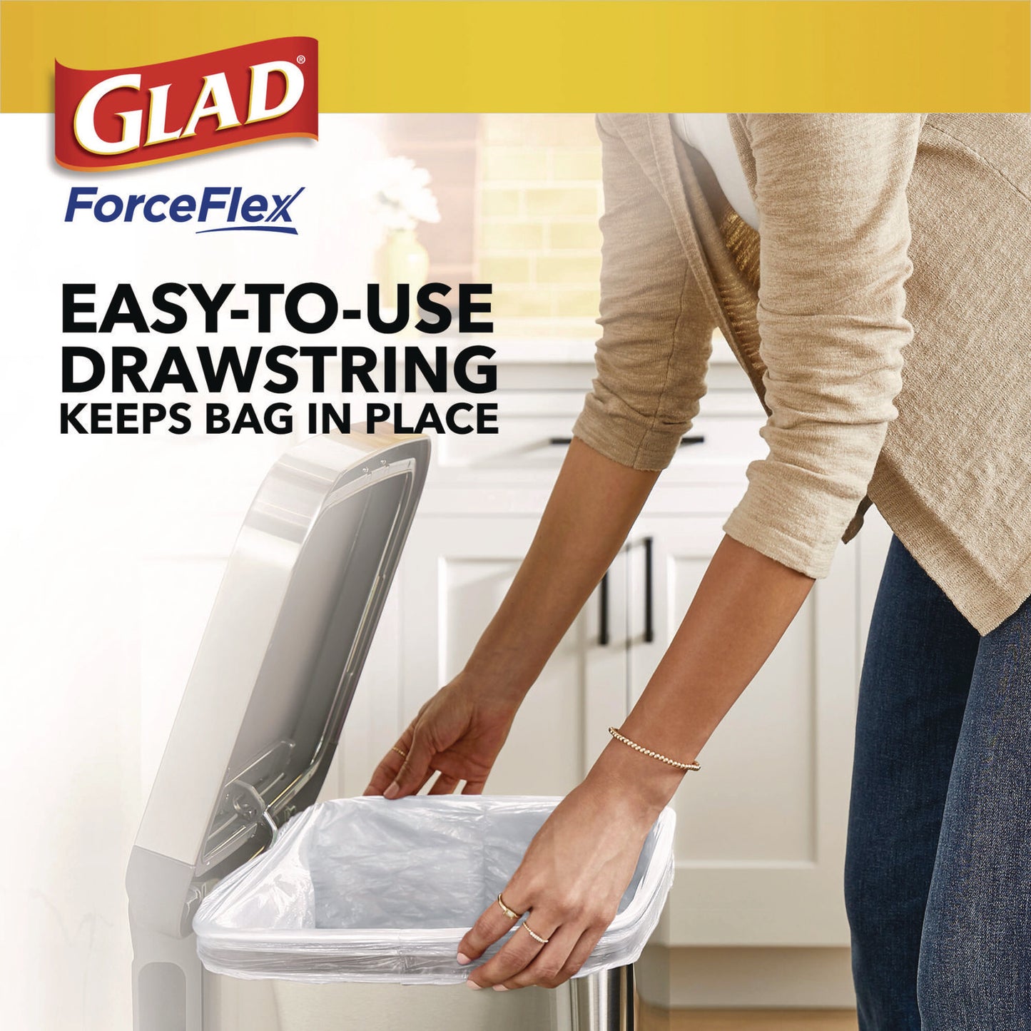 Glad ForceFlex Kitchen Drawstring Trash Bags, 13 gal, Fresh Clean Scent, 24" x 27.38", White, 80 Bags/Box, 3 Boxes/Carton (78899)