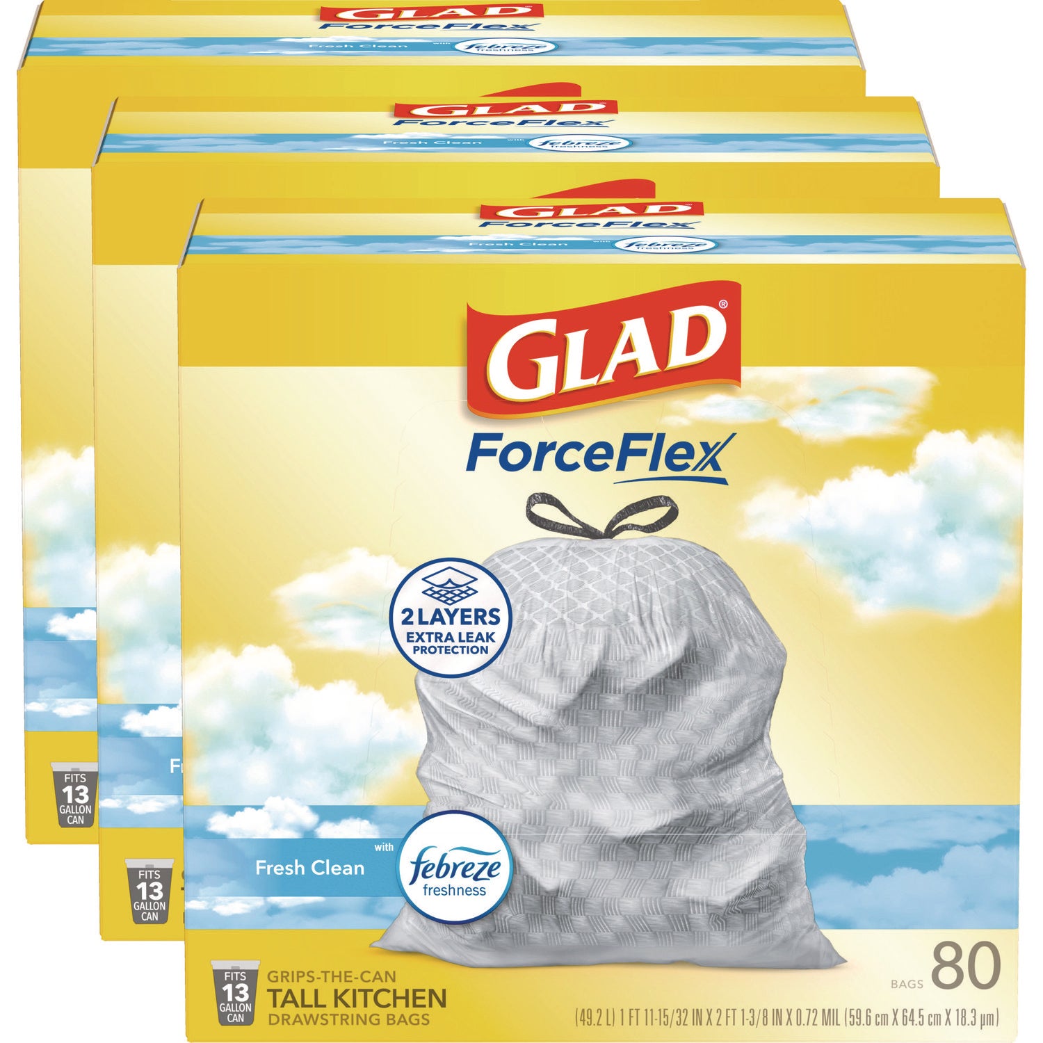 Glad ForceFlex Kitchen Drawstring Trash Bags, 13 gal, Fresh Clean Scent, 24" x 27.38", White, 80 Bags/Box, 3 Boxes/Carton (78899)