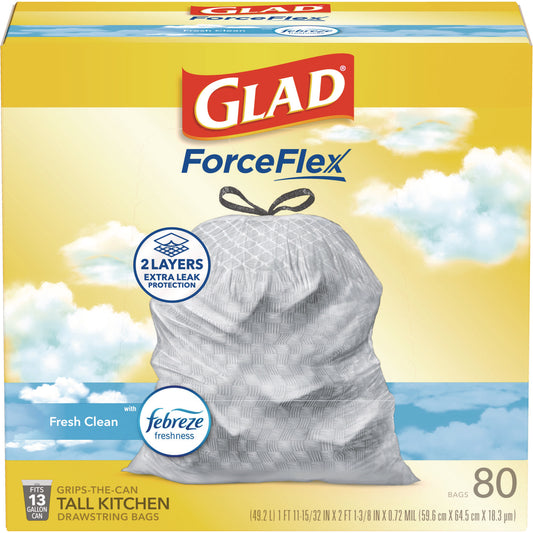 Glad ForceFlex Kitchen Drawstring Trash Bags, 13 gal, Fresh Clean Scent, 24" x 27.38", White, 80/Box (78899BX)