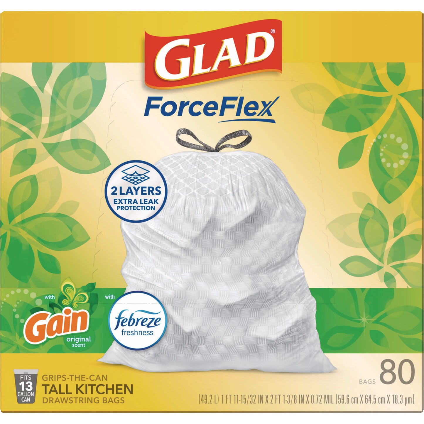 Glad ForceFlex Kitchen Drawstring Trash Bags, 13 gal, Gain Original Scent, 24" x 27.38", White, 80 Bags/Box, 3 Boxes/Carton (78900)