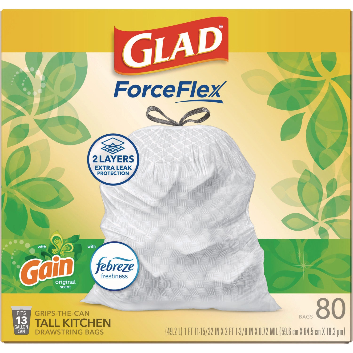 Glad ForceFlex Kitchen Drawstring Trash Bags, 13 gal, Gain Original Scent, 24" x 27.38", White, 80 Bags/Box, 3 Boxes/Carton (78900)