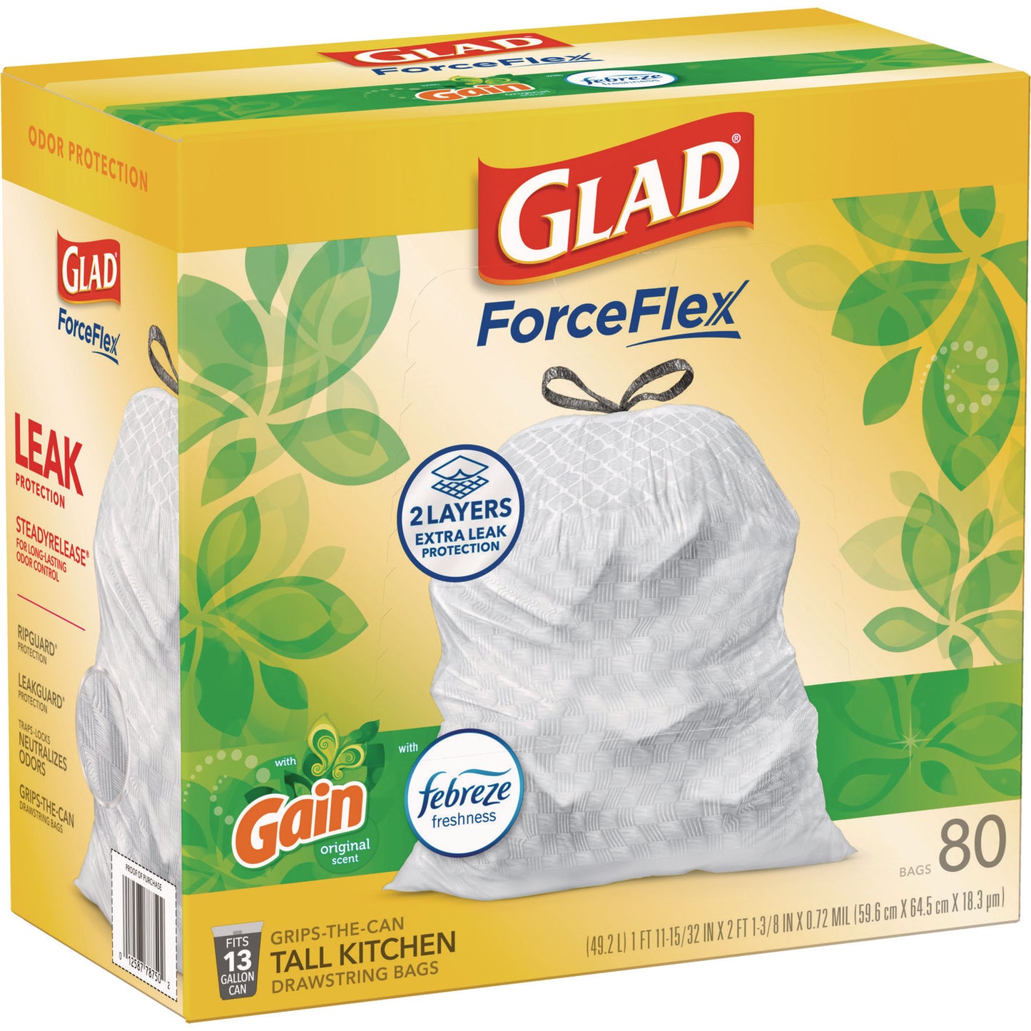 Glad ForceFlex Kitchen Drawstring Trash Bags, 13 gal, Gain Original Scent, 24" x 27.38", White, 80 Bags/Box, 3 Boxes/Carton (78900)