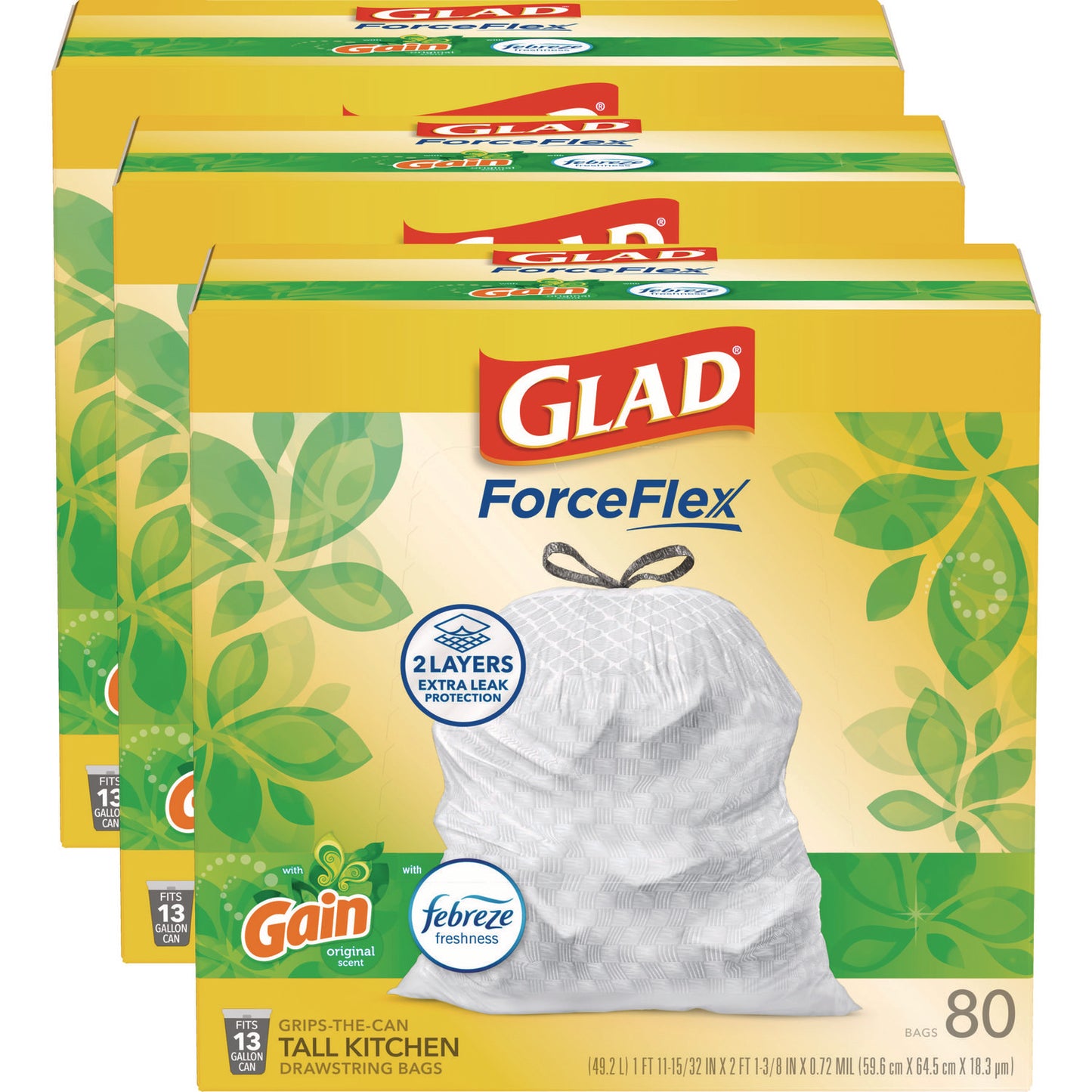 Glad ForceFlex Kitchen Drawstring Trash Bags, 13 gal, Gain Original Scent, 24" x 27.38", White, 80 Bags/Box, 3 Boxes/Carton (78900)