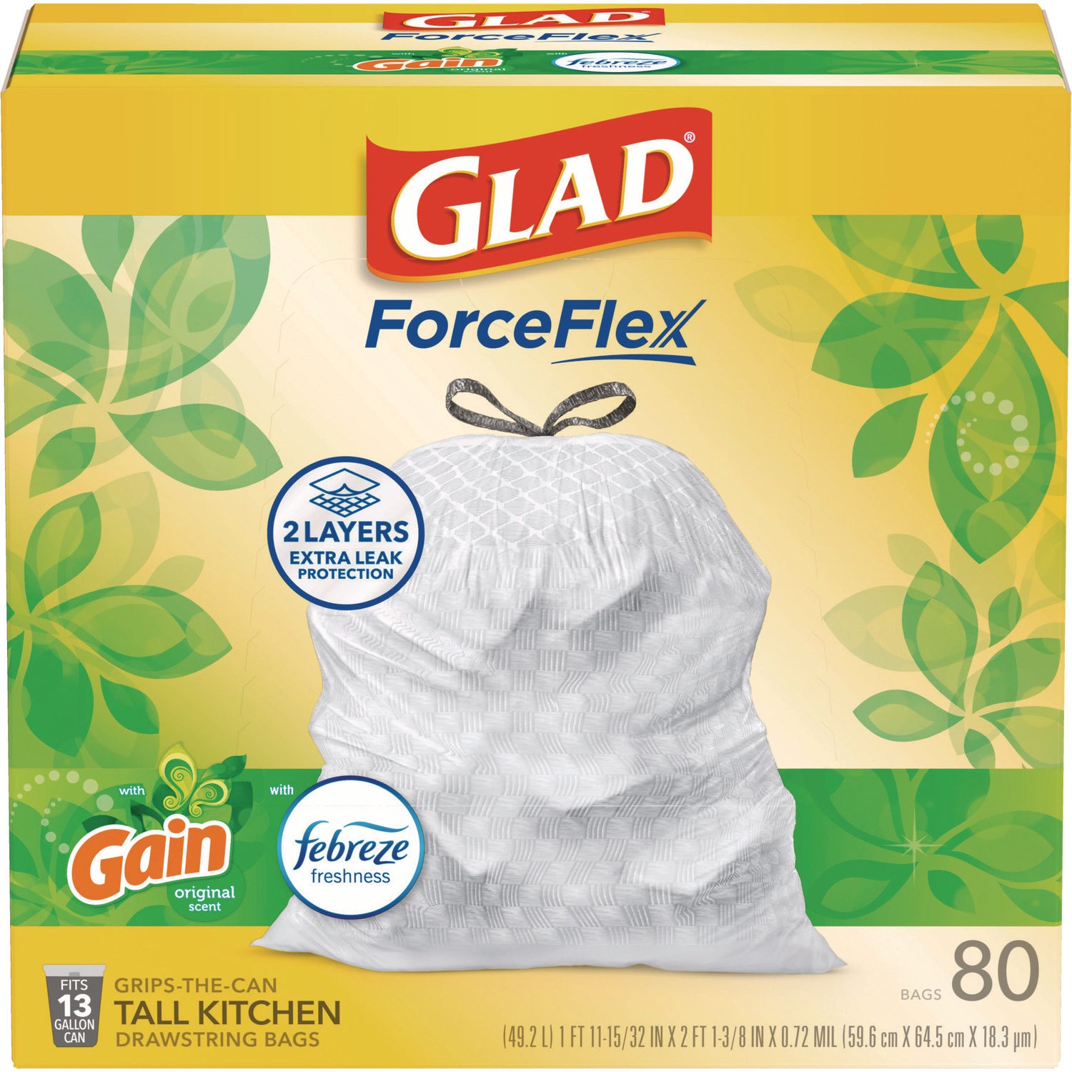 Glad ForceFlex Kitchen Drawstring Trash Bags, 13 gal, Gain Original Scent, 24" x 27.38", White, 80/Box (78900BX)