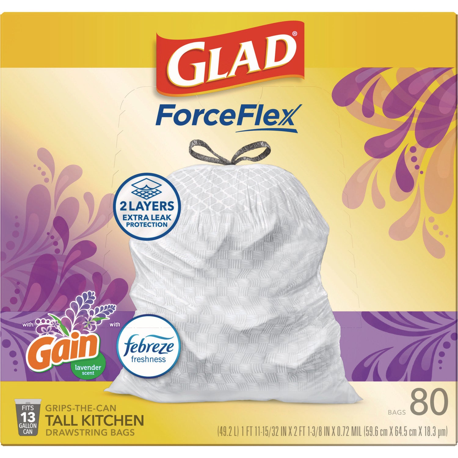 Glad ForceFlex Kitchen Drawstring Trash Bags, 13 gal, Lavender Breeze Scent, 24" x 27.38", White, 80 Bags/BX, 3 BX/CT (78902)