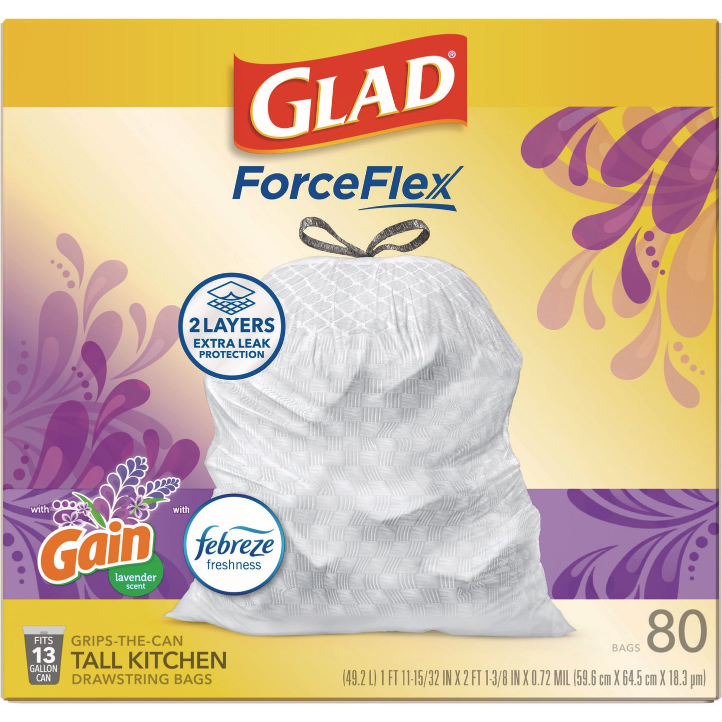 Glad ForceFlex Kitchen Drawstring Trash Bags, 13 gal, Lavender Breeze Scent, 24" x 27.38", White, 80 Bags/BX, 3 BX/CT (78902)