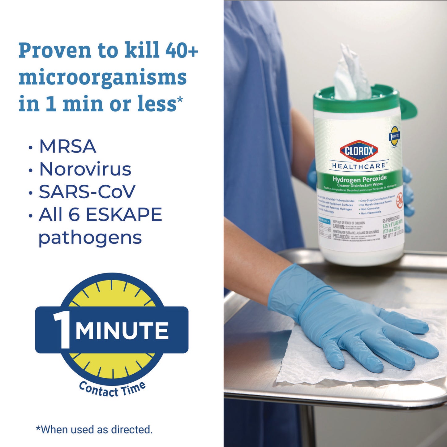 Clorox Healthcare Hydrogen Peroxide Cleaner Disinfectant Wipes, 9 x 6.75, Unscented, White, 95/Canister, 6 Canisters/Carton (30824)