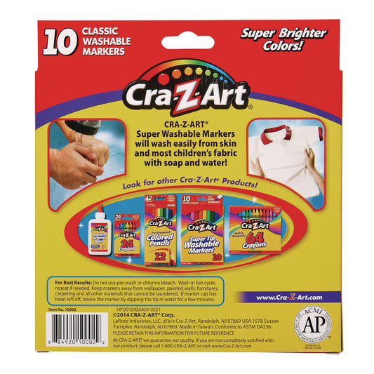 Cra-Z-Art Super Washable Markers, Broad Bullet Tip, Assorted Colors, 10/Set (1000224)