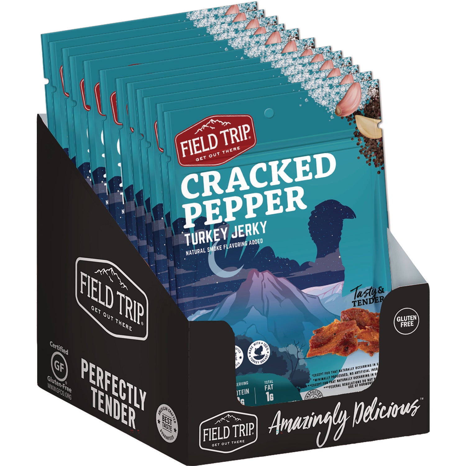 Field Trip Turkey Jerky, Cracked Pepper Turkey, 1 oz Bag, 12 Bags/Carton (FLD00508)