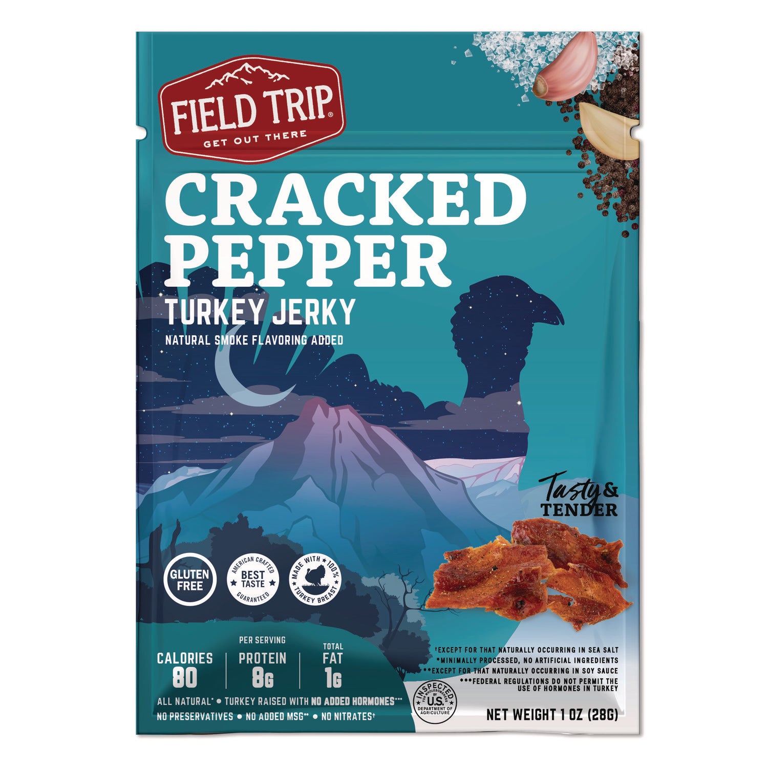 Field Trip Turkey Jerky, Cracked Pepper Turkey, 1 oz Bag, 12 Bags/Carton (FLD00508)