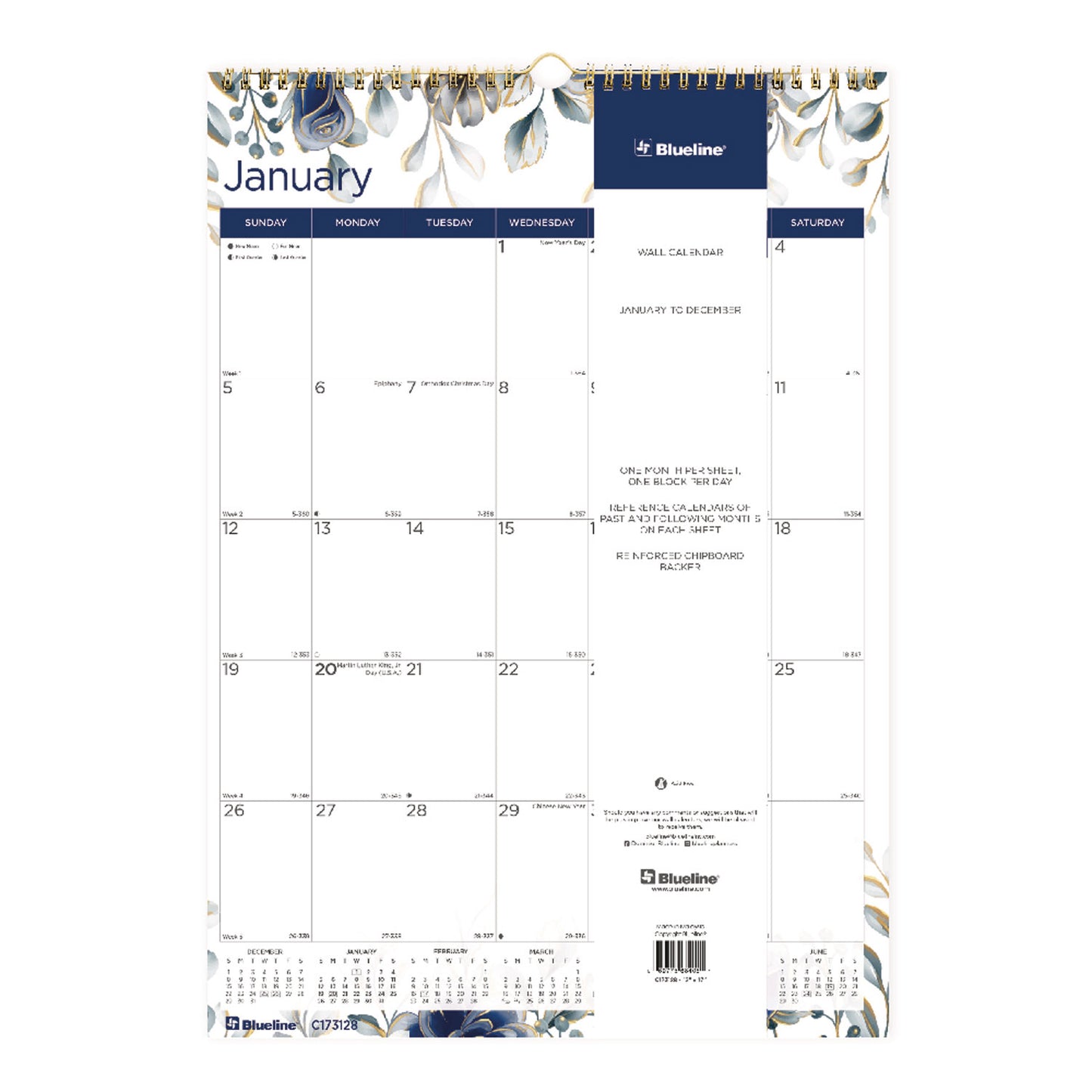 Blueline 12-Month Colorful Wall Calendar, Floral Artwork, 12 x 17, White Sheets, 12-Month (Jan to Dec): 2025 (C173128)