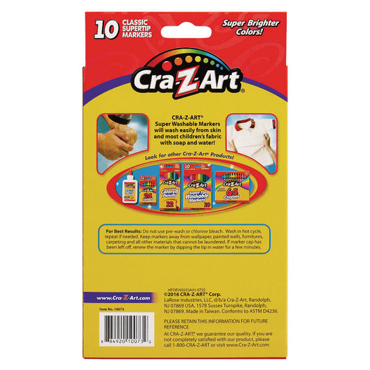 Cra-Z-Art Washable SuperTip Markers, Fine/Broad Bullet Tips, Assorted Colors, 10/Set (1007348)