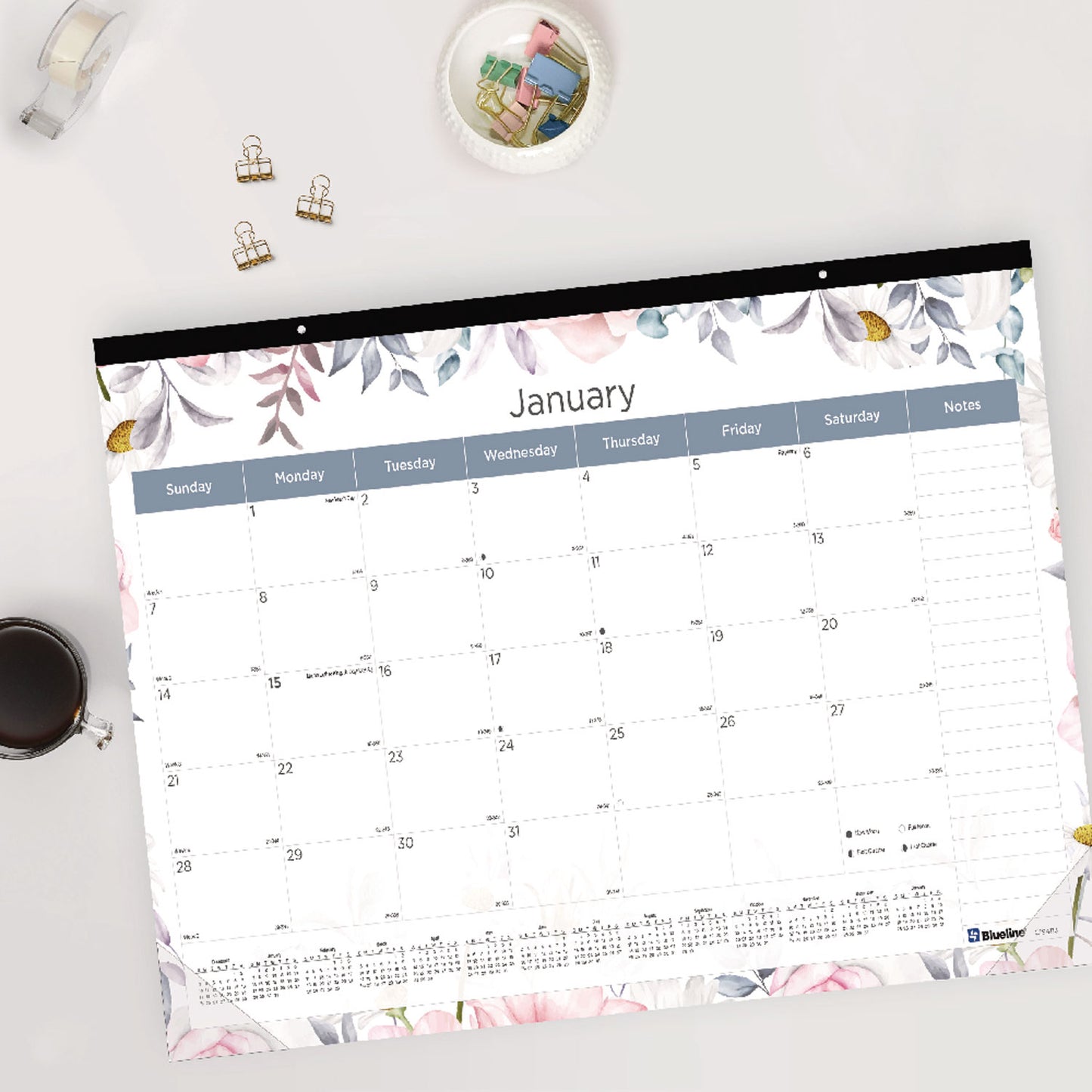 Blueline Passion Monthly Deskpad Calendar, Floral Artwork, 22 x 17, White/Multicolor Sheets, Black Binding, 12-Month (Jan-Dec): 2025 (C194113)