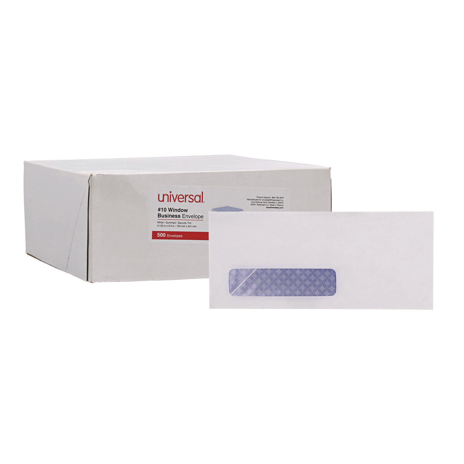 Universal Open-Side Security Tint Business Envelope, 1 Window, #10, Commercial Flap, Gummed Closure, 4.13 x 9.5, White, 500/Box (35203)