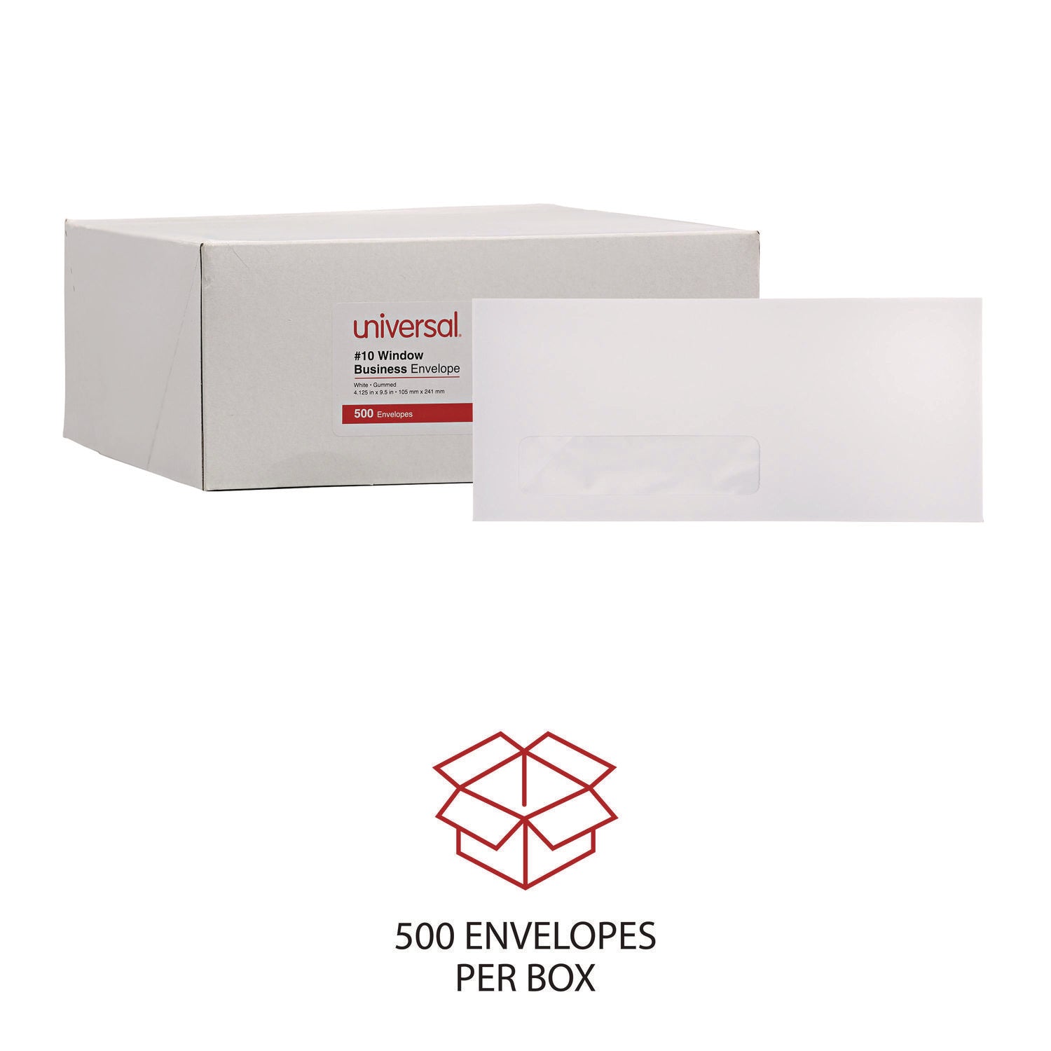 Universal Open-Side Business Envelope, 1 Window, #10, Commercial Flap, Gummed Closure, 4.13 x 9.5, White, 500/Box (35211)