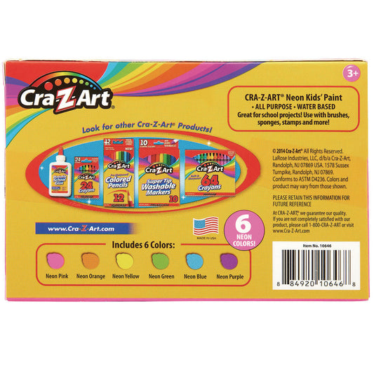 Cra-Z-Art Neon Washable Kids' Paint, 6 Assorted Neon Colors, 2 oz Bottle, 6/Pack (106466)