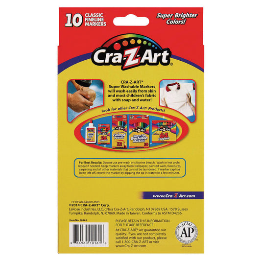 Cra-Z-Art Super Washable Markers, Fine Bullet Tip, Assorted Colors, 10/Set (1016148)