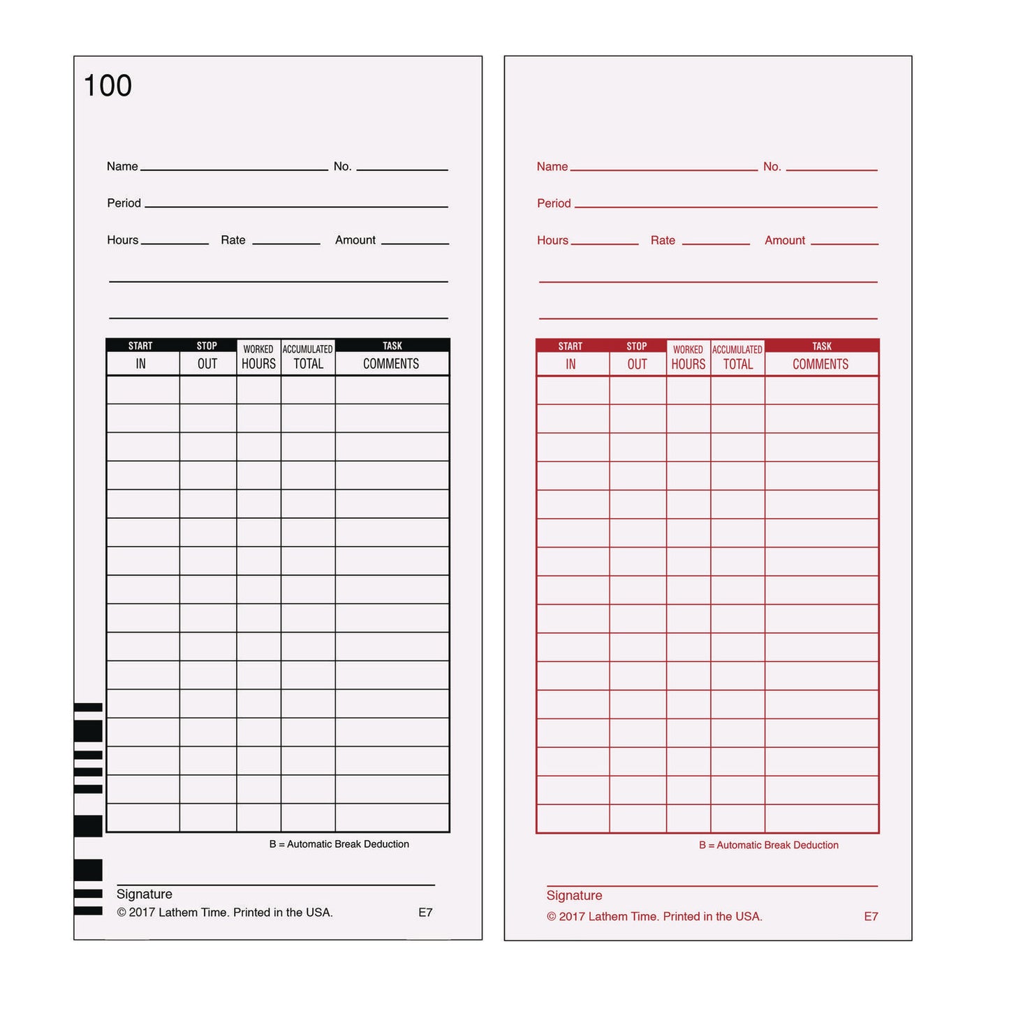 Time Clock Cards for Lathem Time 7000E, Two Sides, 3.5 x 7.25, 100/Pack (E7100)