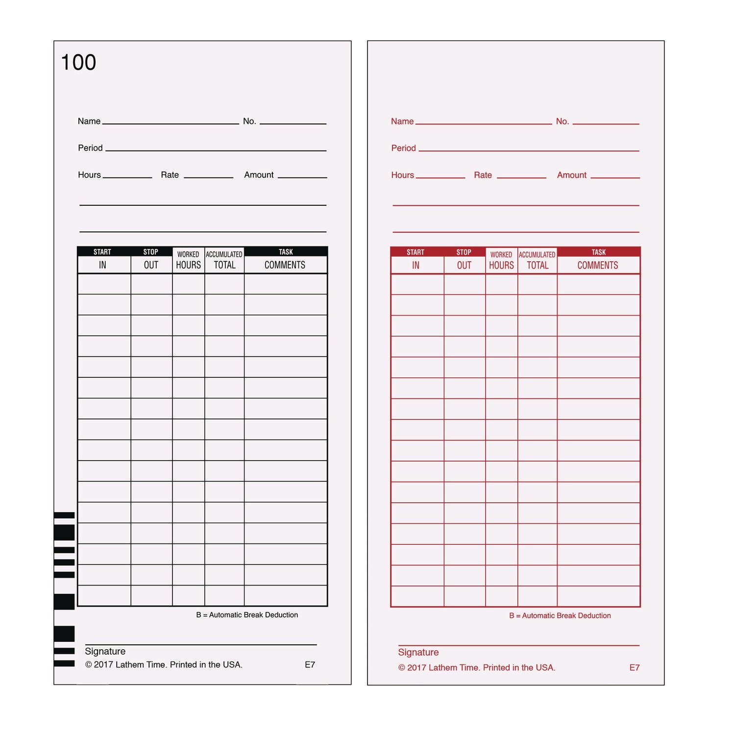 Time Clock Cards for Lathem Time 7000E, Two Sides, 3.5 x 7.25, 100/Pack (E7100)