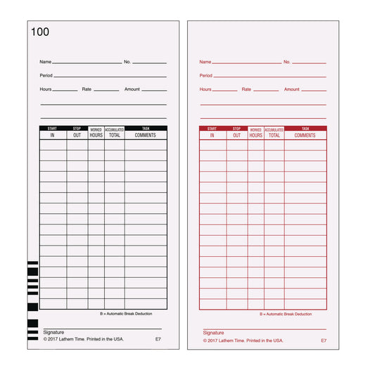 Time Clock Cards for Lathem Time 7000E, Two Sides, 3.5 x 7.25, 100/Pack (E7100)