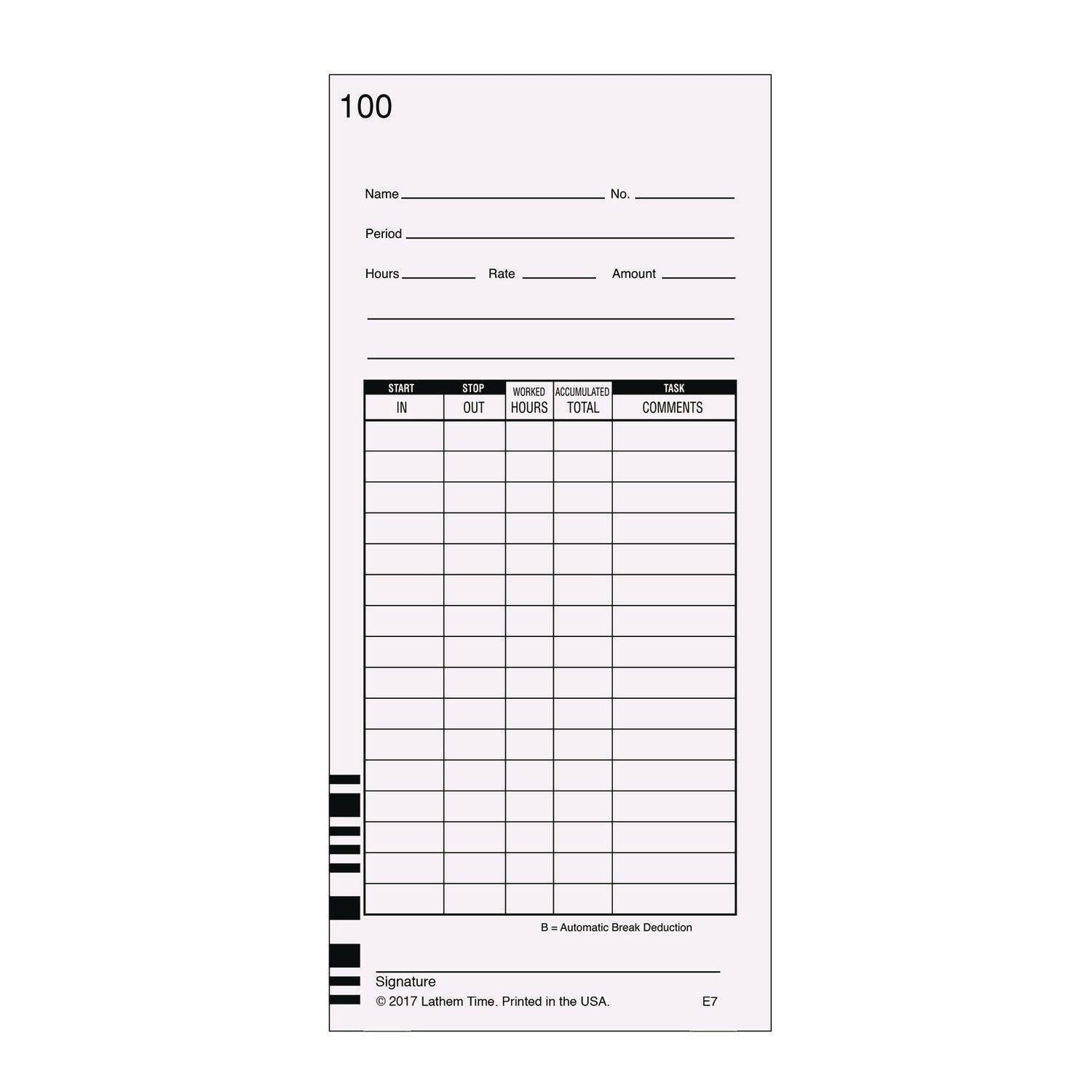 Time Clock Cards for Lathem Time 7000E, Two Sides, 3.5 x 7.25, 100/Pack (E7100)